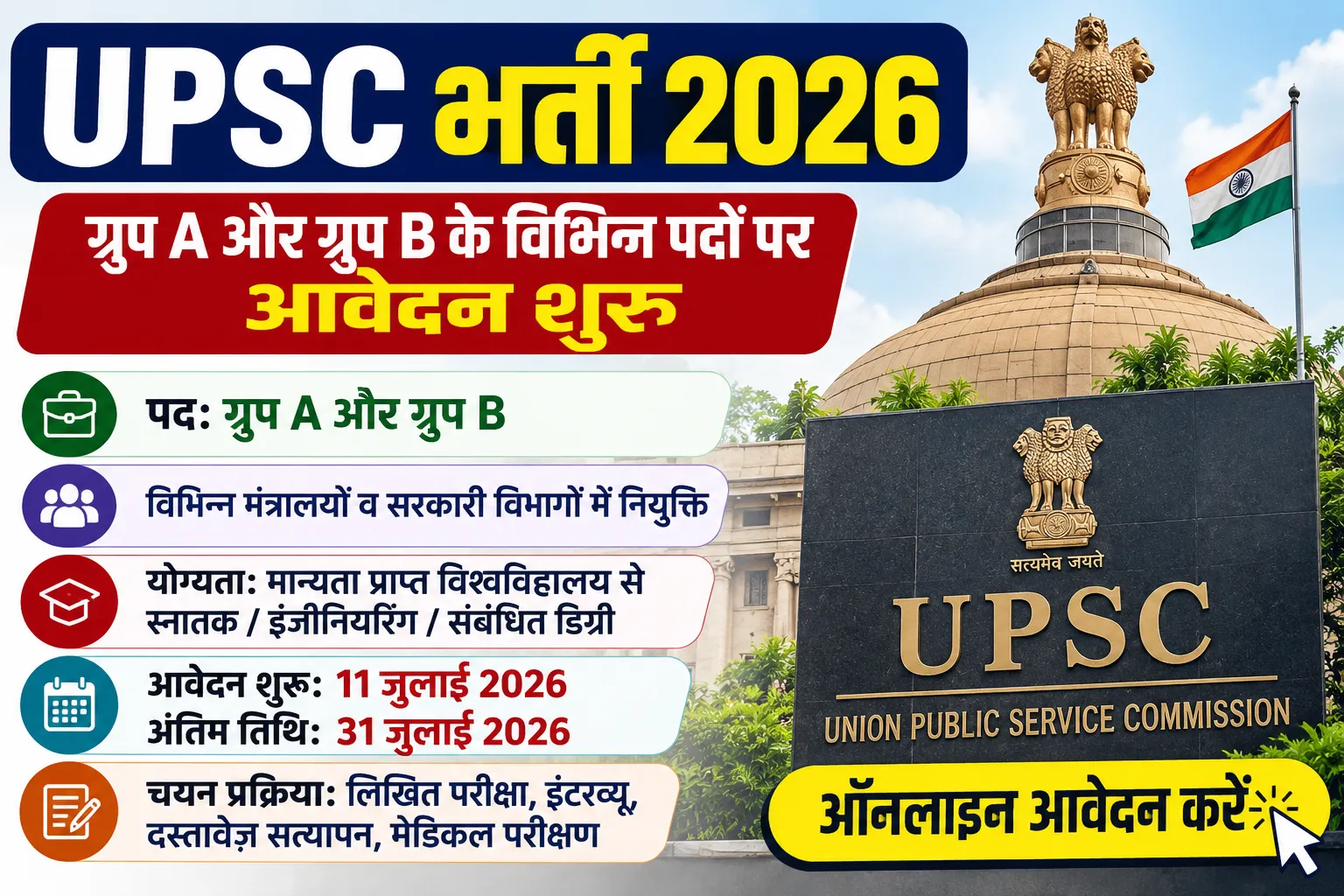 UPSC भर्ती 2026 ग्रुप A और ग्रुप B के विभिन्न पदों पर आवेदन शुरू, 31 जुलाई तक करें ऑनलाइन आवेदन